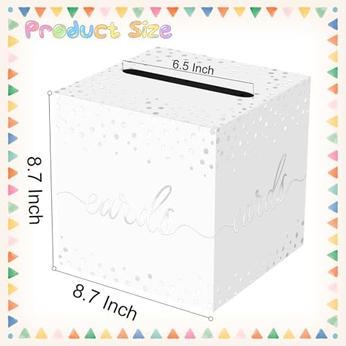 QISOLIY White Card Box for Party with Silver Foil Dots, 8.7" Gift Card Holder and Money Box for Wedding, Baby Shower, Birthday, Graduation, Retirement, Anniversary Decorations