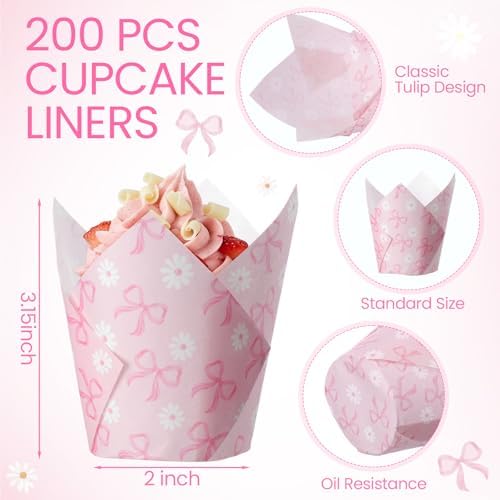 Maxdot 200 Pcs Daisy Bow Tulip Cupcake Liners for Baking Coquette Bow Daisy Paper Muffin Baking Cups Pink Floral Tulip Muffin Liners Wrappers for Wedding Bachelorette Bridal Showers Birthday Party