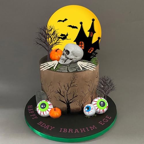 Halloween Cake Toppers Tombstone Moon Cake Topper Pumpkin Skull Head Eyeballs Skeleton Hands Cake Decorations for Trick-or-Treat Halloween Birthday Supplies (Style 01)