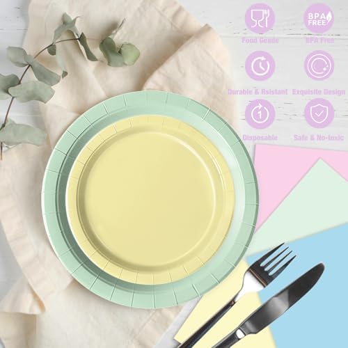 Oigco 150 PCS Pastel Birthday Decorations - Pastel Paper Plates and Napkins - Rainbow Party Decorations for Birthday Baby Shower Wedding, Serves 50