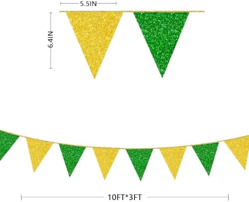 30Ft Green Gold Party Decorations Glitter Gold Green Pennant Banner Flag Triangle Bunting Garland Streamers for Masters Golf Birthday Graduation St. Patrick’s Day Spring Summer Tractor Decor Supplies