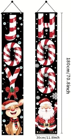 2PCS Christmas Porch Banner Decorations 71 x 12 Inch JOY HOHO Candy Cane Hanging Sign Santa Claus and Reindeer Outdoor Front Door Holiday Banner for Winter Yard Party Wall Decor
