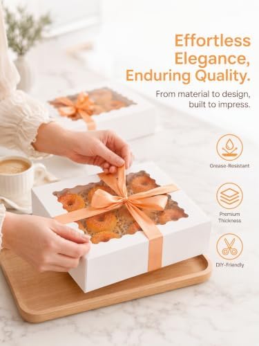 qiqee 10"x 10"x 2.5" White Pie Boxes with Window 120Packs Cookie Donut Bakery Box (Auto-pop Up)