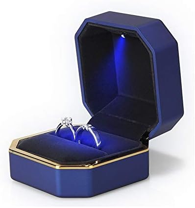 Luxury Ring Box, Square Velvet Wedding Ring Case Jewelry Gift Box with LED Light for Proposal Engagement Wedding, Blue