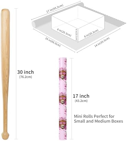 RUSPEPA Highland Cow Wrapping Paper Roll, Mini Roll, Floral Highland Cow with Heart Sunglasses Design, Pink Fun Gift Wrap for Kids, Girls, Valentine’s Day, Anniversary, Birthday, 17 Inches x 16.4 Feet