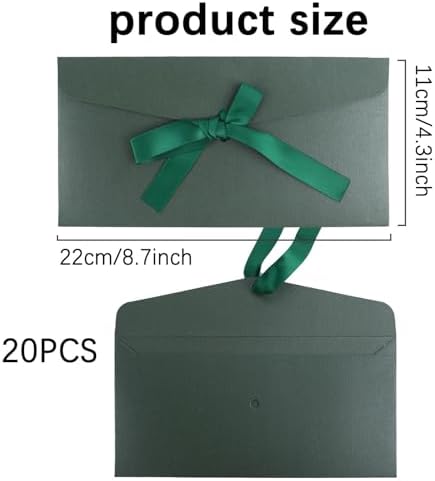 20 Pack Pearlescent Green Decorative Envelopes with Ribbon Bow, 8x4 Inch Christmas Cash Gift Envelope, Greeting Invitation Envelope Classical Pure Set for Wedding Birthday Festival and Party