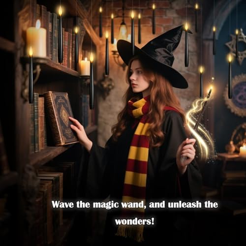 kakoya Flameless Floating Candles with Wand，20 Pcs Magic LED Hanging Taper Candles，Flickering Battery Operated Taper Candle with Wand Remote for Halloween Decorations Best Gift(Black)