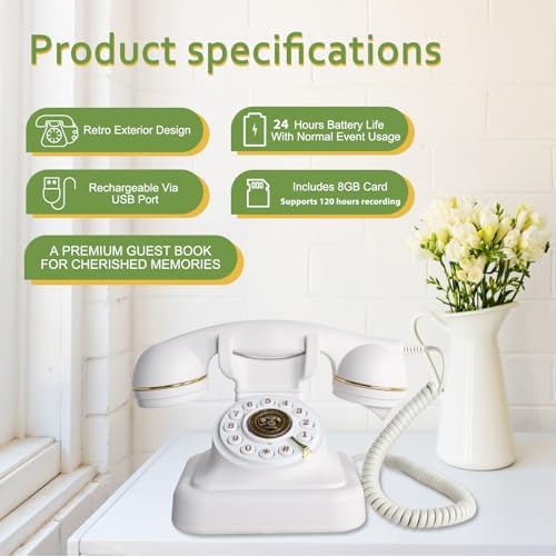 Audio Guest Book Wedding Phone with Gift Box, Vintage Audio GuestBook for Wedding, Bridal Shower, Birthday Party, Baby Shower, Anniversary, Engagement (Pure White)