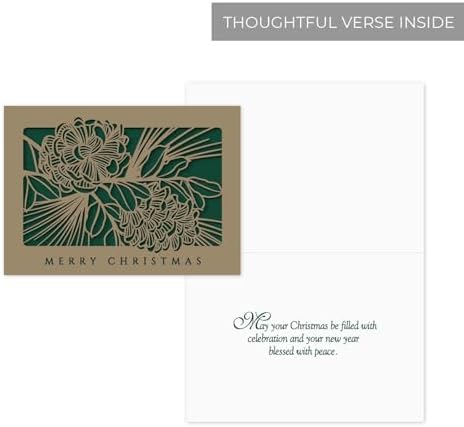 Canopy Street Masterpiece Laser Cut Pine Cone Christmas Cards / 10 Winter Holiday Cards With Coordinating Envelopes / 5" x 7" Boxed Evergreen Greeting Cards With Inside Verse