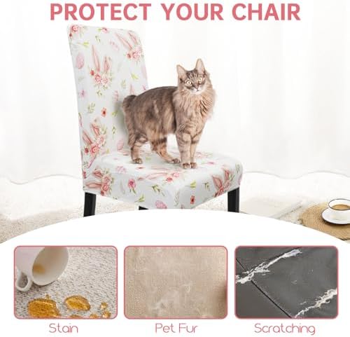 Easter Chair Covers Set of 4 Spring Bunny Ears Floral Dining Room Slipcovers Stretch Parsons Chair Seat Protectors Spring Easters Decor-4PCS