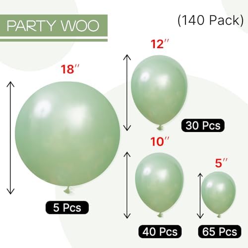 PartyWoo Pearl Light Green Balloons 140pcs Pastel Green Different Sizes