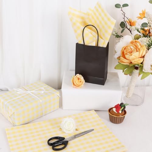 BEISHIDA Gingham Tissue Paper Bulk，Yellow and White Checkered Wrapping Tissue Paper for Gift Bags, 14 x 20 Inch Gift Wrap for Wedding Birthday Easter DIY Crafts Decor Holiday Flowers-50 Sheets