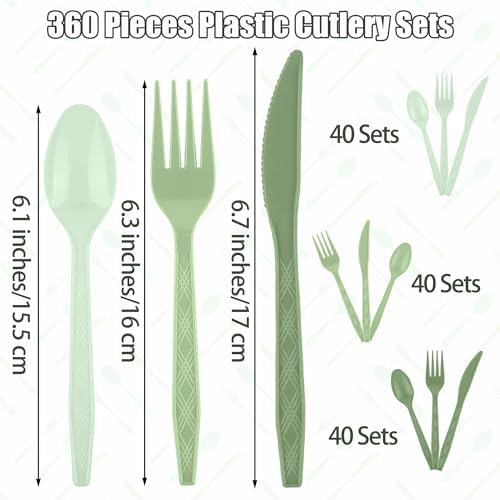 Kochorie 360 Pieces Gradient Sage Green Plastic Cutlery Set