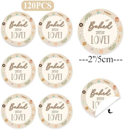 Baked with Love Stickers 120Pcs, 2 Inch Round Baking Labels for Homemade Goods, Bakery Packaging, Cookie Bags, Thank You Gifts, Small Business Packaging & Party Favors (Baked with Love)