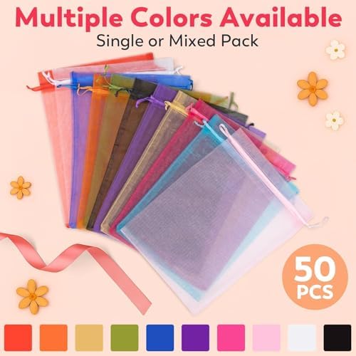 Crweety 50Pcs Large Organza Bags 6x9, Small Mesh Gift Bags Drawstring