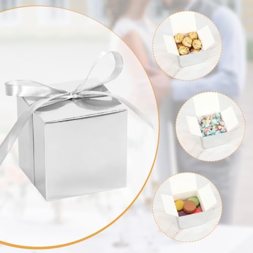 EUSOAR 3x3x3 Gift Boxes, 60pcs Small Candy Favor Gift Boxes Mini Bakery Cookies Box with Silver Ribbon, Square Paper Chocolate Containers for Wedding Birthday Bridal Party Favor Decoration-Silver