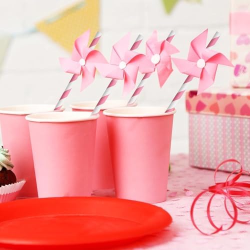 7.75" Pink Straws, Pink White Striped Paper Drinks Straws Disposable 100 ct