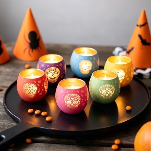 Day of Dead Skull Glass Votive Candle Holders for Indoor Halloween Decor