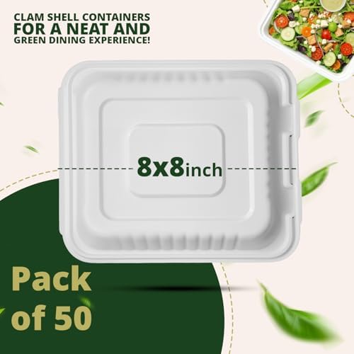 100% Compostable Clamshell Take Out Food Containers 8X8" 50-Pack Heavy-Duty Quality to go Containers, Natural Disposable Bagasse, Eco-Friendly Biodegradable Made of Sugar Cane Fibers