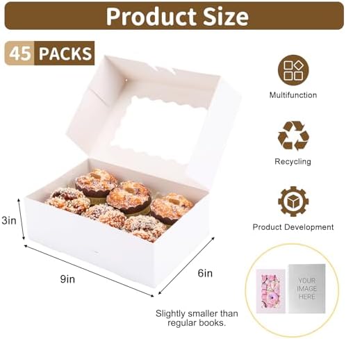 Moretoes 45pcs Cookie Boxes with Window, 9x6x3in Auto-Popup Bakery Boxes