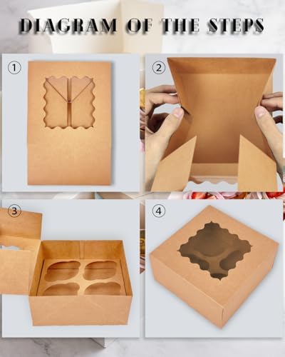 qiqee Auto-pop Up Cupcake Boxes with Window Brown 100PCS 4 Count Cupcake Box 6.3"x6.3"x3" Cupcakes Carrier, 4 Cupcake Containers
