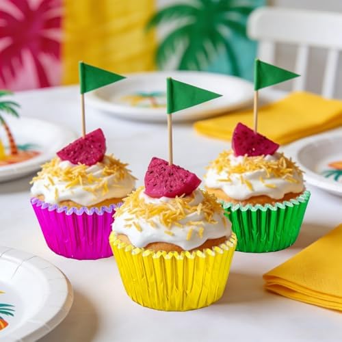 Whaline 150Pcs Hawaiian Foil Cupcake Liners Baking Cups Green Rose Red Yellow Foil Metallic Cupcake Wrappers Muffin Liners for Summer Tropical Luau Party Supplies