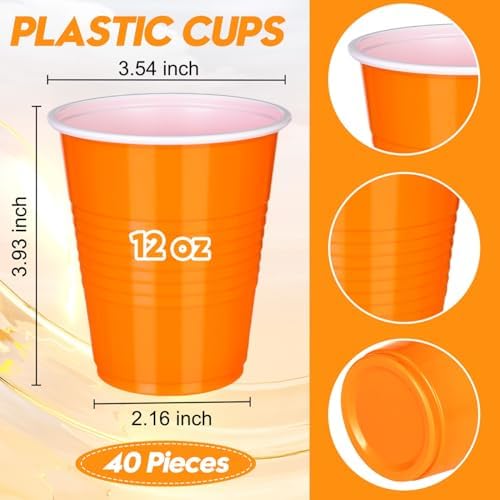 Vumdua Orange Plastic Cups Disposable Cups, 12 oz Halloween Party Cups for Halloween, Birthday, Fall, Thanksgiving Party Supplies, Pack of 40