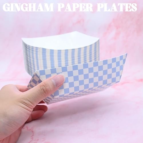 30 Pcs No Folding Required 2lb Gingham Party Supplies Disposable Paper Food Trays for Shower Wedding Tea Party Supplies Nacho Snack (Light Blue)