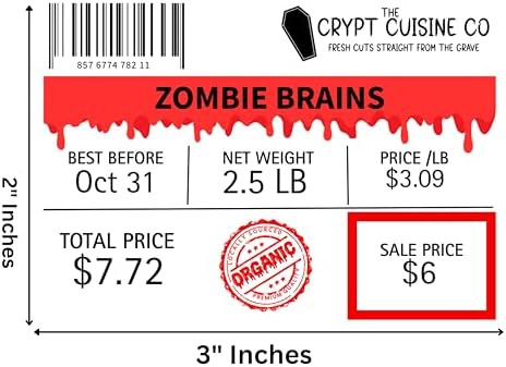 J&J's ToyScape Halloween Meat Tray Labels, 9 Piece Set, Spooky Food Theme Halloween Party Decor, Spooky Food Stickers, Glossy Water-Resistant Vinyl, 3x2 Inch
