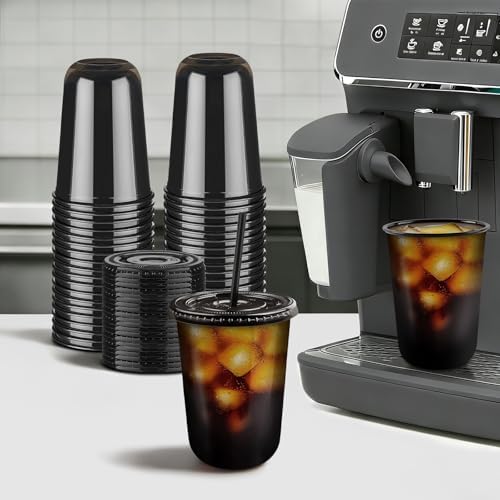 100 Sets - 16oz Black Plastic Cups with Lids and Straws