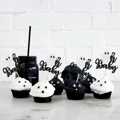 Gyufise 24Pcs Halloween Baby Shower Cupcake Toppers Halloween Oh Baby Cupcake Picks Little Boo Cupcake Topper Ghosts Decoration Supplies