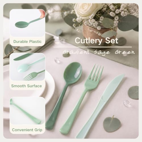 300Pcs Sage Green Plastic Silverware Set, Full Size Disposable for Dinner