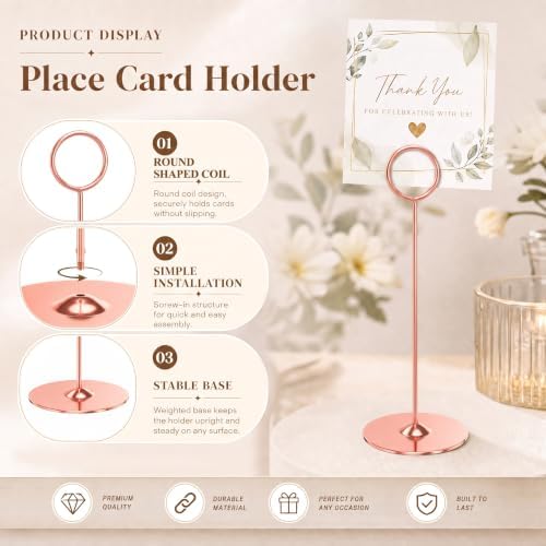 Urban Deco 16 Pieces Table Card Holder 8 inches Table Number Holders Place Steel Card Holders for Photos, Food Signs, Memo Notes, Weddings, Restaurants, Birthdays (Rosegold)