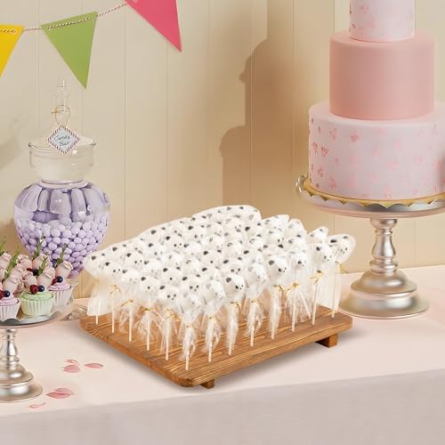 48-Hole Wooden Cake Pop Stand for Drying/Display ，300 Accessories（Cake Pop Bag x100，Gold Twist Tie x100，Cake Pop Stick x100）- Dessert Table Holder for Birthdays, Baby Shower, Weddings