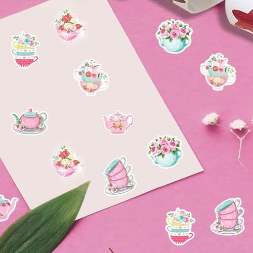 500Pcs Tea Gathering Stickers Roll 8 Designs Pink-Themed Flowers Stickers 1in Self-Adhesive Waterproof Sticker for Birthday Party Envelopes Scrapbook Decorations