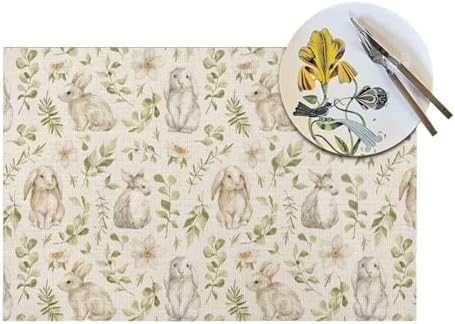 Spring Place mats Set of 4,12x18 Inches Green Rabbit Floral Leaves Placemats Rectangle Easter Decor Bunny Flower Table Mats for Party Home Kitchen Dining Table Decoration