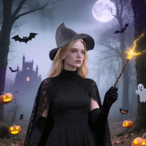 Women Witch Hat for Halloween Wool Hats Wide Brim Spire Knitted Cap for Party Masquerade Cosplay Costume Daily