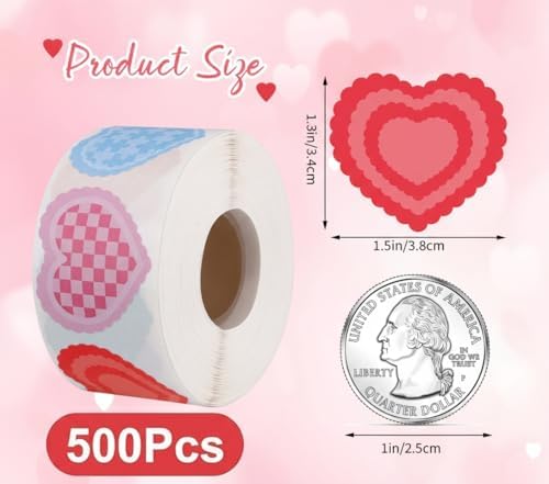 500 Heart Stickers Roll, 8 Colors, Writable Self-Adhesive Labels