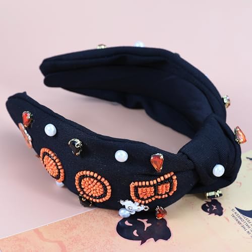 Halloween Boo Headband for Women Crystal Pearl Knotted Hairband Beaded Black Orange Wide Knot Headband for Girls Adult Halloween Pumpkin Ghost Accessories Outfits Gifts