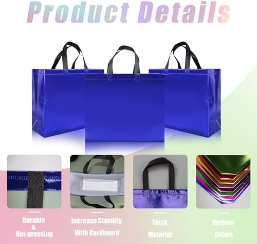 cabzymx 15 Pcs Glossy Blue Reusable Gift Bags with Handles, Party Gift Bags Bulk with Sturdy Bases, Ideal Goodie Bag for Birthday, Wedding, Christmas, Holiday-12.6 x 4.7 x 11 In