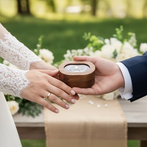 Roycraft Mr & Mrs Wedding Ring Box Oval Transparent Lid Wooden Ring Box with 2 Slots for Engagement Wedding Anniversary (Brown Inner)
