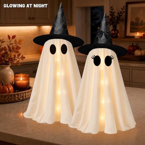 2 Pack 24 Inch Halloween Ghost Decorations, Light Up Ghosts with Witch Hats, DIY Spooky Ghost Decor with LED Lights for Porch Yard Lawn Garden Home Halloween Party