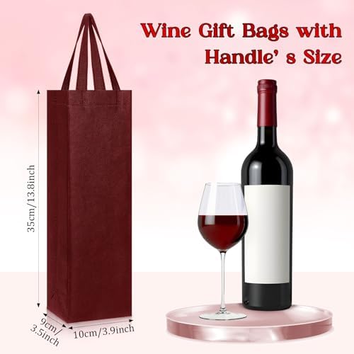 Windyun 200 Pcs Wine Gift Bags with Handle Reusable Small 13.8x3.5x3.9 Inches Liquor Bottle Totes Bulk for Birthday Wedding Christmas Holiday Party (Wine Red)