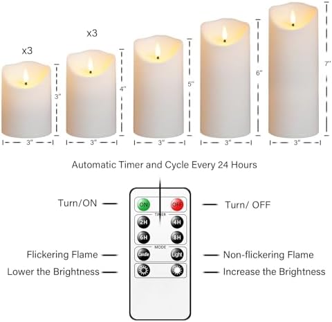 Nimiko Flameless Candles with Remote, Battery Operated Flickering Flameless Candles, LED Candles with Timer 2/4/6/8H, with Realistic LED Candles Set of 9 (D3 x H 3" 4" 5" 6" 7") (White)