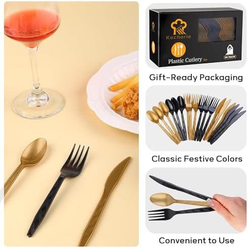 Kochorie 90 Pieces Black and Gold Plastic Cutlery Set