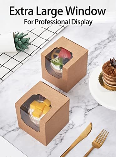 Happyhiram 50 Pack Brown Kraft Single Cupcake Boxes with Inserts & Window