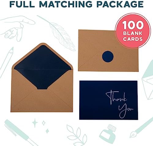 VNS Creations Thank You Cards With Envelopes - 100 Pack 4 x 6 - Navy Blue