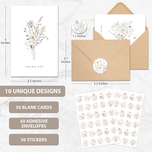 AUDREE Wildflower Thank You Cards with Envelopes (50 Pack 3.5" x 5.2") – Floral Thank You Notes with Adhesive Envelopes & Matching Stickers for Weddings, Baby & Bridal Showers