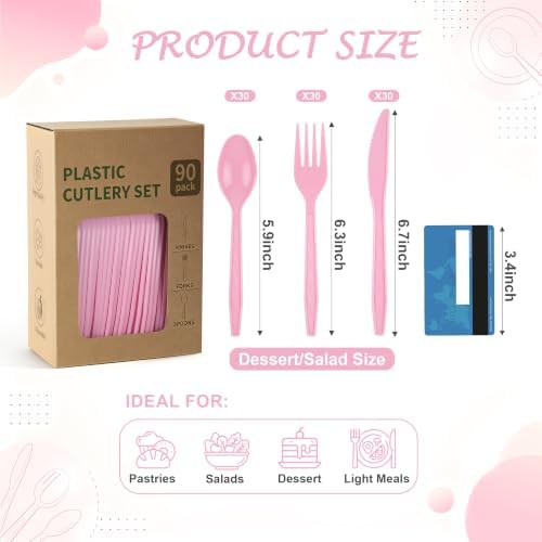 90Pcs Pink Plastic Silverware Set, Salad Size Disposable for Dessert