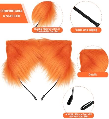Cat Ears and Tail,Wolf Fox Ears Long Tail and Bell Lace Choker Set for Halloween,Animal Cosplay Party Costume